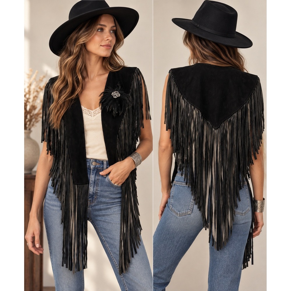 Vintage Black Suede Leather Fringe Vest Feather Brooch Western Boho